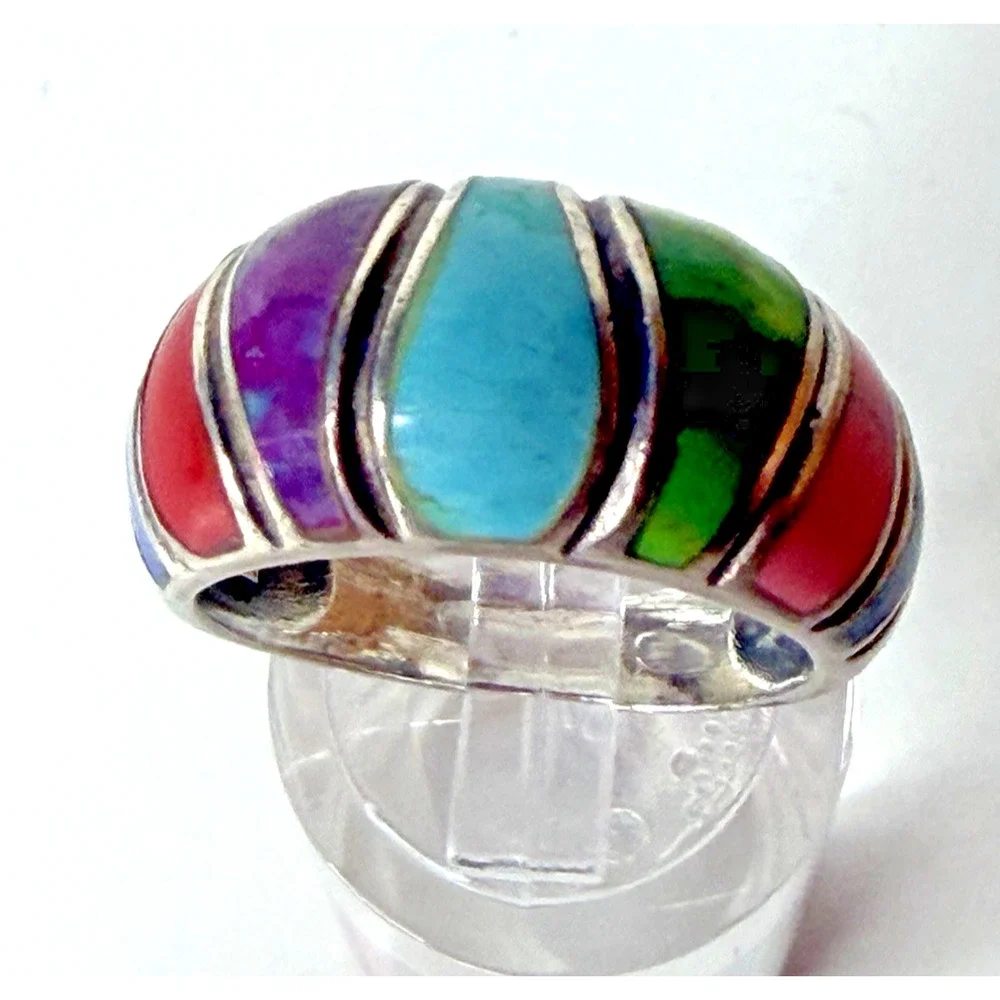 Vintage SE 925 Thailand Sterling Silver Multicolor Inlay Statement Ring 7.5